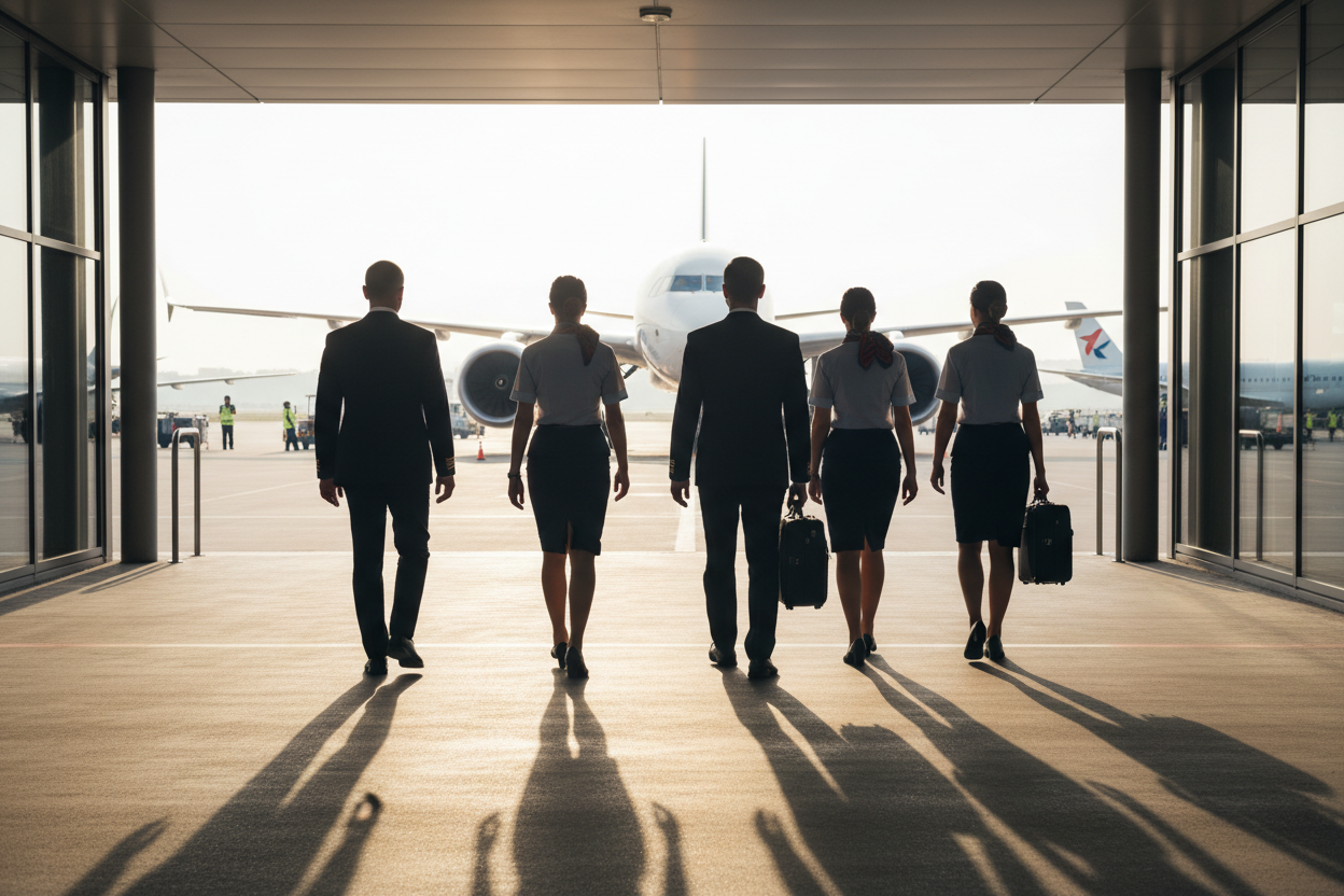 tripulacion de avion vista caminando desde atras